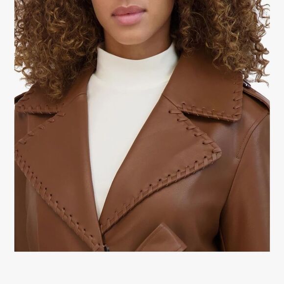 NWT Kenneth Cole Faux Leather Belted Trench Coat In Cognac SP - Picture 5 of 12